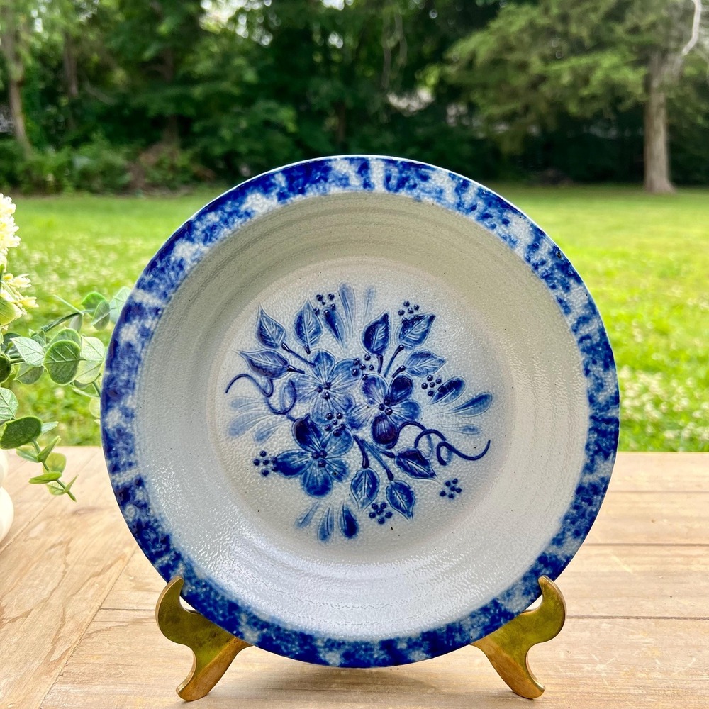 Y2K Blue Floral Pottery Plate Dish | Signed